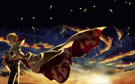 Hokage - naruto uzumaki, clouds, anime, hokage, leaves, wind, ninja, sunset, naruto, sky