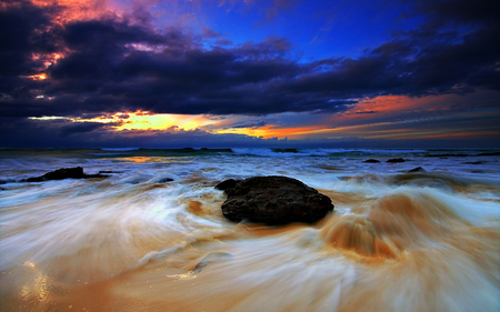 Beautiful Sky - rocks, beautiful, blue sky, amazing, ocean, view, ocean waves, nature, sunset, colorful, stormy, beauty, peaceful, blue, sky, storm, sunlight, clouds, lovely, splendor, sea, colors, waves