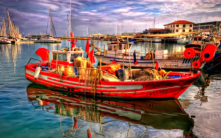 Boats - sunny, boat, splendor, harbour, sailboats, sailing, view, red, port, houses, sky, clouds, house, water, beautiful, sea, beauty, colors, lovely, ocean, boats, colorful, nature, sailboat, peaceful