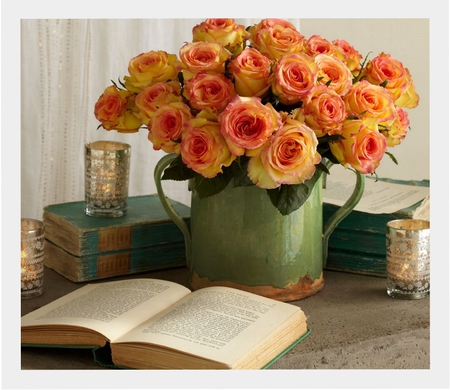 beautiful roses - roses, vase, still life, book