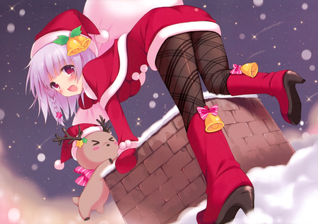 Down The Chimney - hat, girl, night, bells, chimney, boots, hooves, santa, reindeer, snow, animal, down, anime, short hair