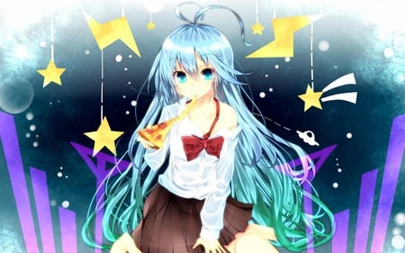 touwa erio kawaiii - nice, ufo, looking at viewer, touwa erio, anime, pizza, skirt, highres, girl, blue eyes, shirt, long hair, barefoot, ahoge, blue hair, school uniform, star, kawaii, bowtie