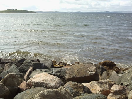 Rocky beach and island - beach, cumbrae, waves, island, rocks