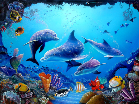 DOLPHINS AND FISH - ocean, blue, dolphins, fish, small fishes, whales