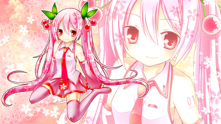 Sakura Miku - hot, thigh highs, thighhighs, music, cherry blossom miku, anime girl, amazing, art, cool, petals, pink eyes, artistic, hatsune miku, sexy, skirt, song, stunning, sakura miku, vocaloids, program, sakura, vocaloid, pink, beautiful, uniform, diva, beauty, nice, twintail, singer, virtual, pretty, idol, anime, green, miku, cute, twin tail, girl, alternative costume, pink hair, cg, hatsune, red, tie, awesome, digital, outfit