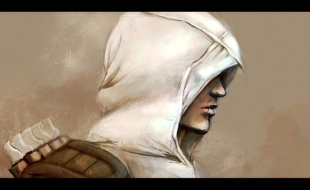 Altair Ibn La-Ahad - male, altair, assassins creed, beige background, hood, games, video games, altair ibn la-ahad