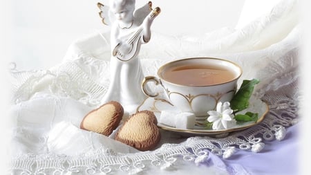 Tea Time - jasmine, beautiful, lace, angel, tea, flower, still life, white, cookies, statue