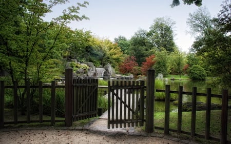 Japanese Garden, Hasselt, Belgium - gate, pond, fence, tree, path, garden, lake, belgium, statue, japanese