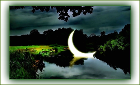 ღCrescent Moonღ - trees, water, unique, amazing, crescent moon, one of a kind, grass, reflection, darkness, moonlight, green, lake, shine, midnight, lighting