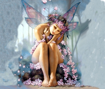 Desire - beauty, elf, girl, desire, colorful, lovely, fantasy, grey, beautiful, splendor, fairy, flowers