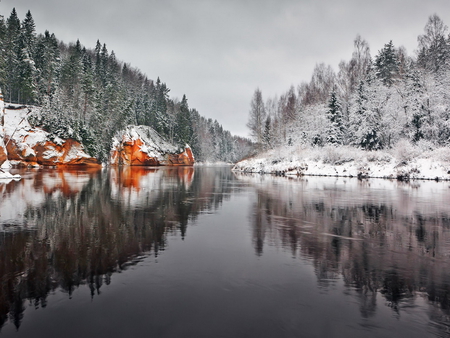 Winter reflection - winter, water, mirrored, frozen, cloudy sky, sky, reflection, clouds, river, trees, snow, cold