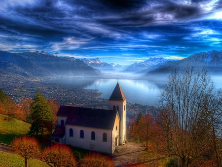 Castle on the lake - evening, dark, blue, lake, sky, reflection, clouds, castle, nature, mountain