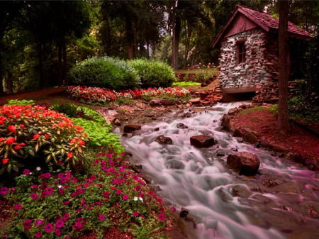 Cottage near the forest creek - house, water, summer, cabin, creek, water stream, forest, flowers, nature, red, cottage