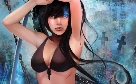 Recon Girl - hair, eyes, face, red lip, cool, digital art, ninja, lip, blue eye, long hair, stunning, beautiful, graceful, digital painting, recon girl, babe, beauty, hottie, lips, female, eye, fantasy, gorgeous, pretty, anime, sword, cute, style, girl, samurai, lovely, cg, hd, blue, adventure, action, soul, breast