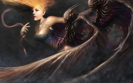 Devils - pretty, female, wing, devil, blonde, eye, angel, evil, goddess, hd, face, devin, ghost, beautiful, hot, girl, digital art, beauty, lovely, hair, digital painting, cg, fantasy, lips, hell, devils, sexy, demon