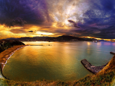 Golden reflection - water, mirrored, beach, lake, sky, reflection, coast, clouds, golden, sunset, sea, colors