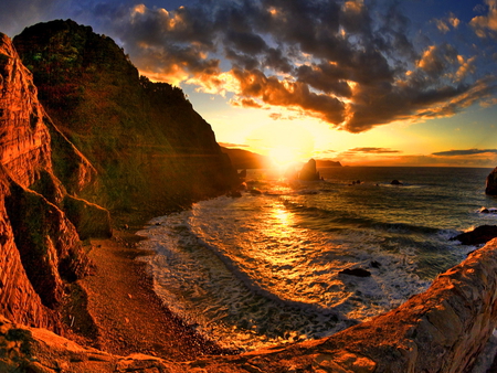 Sunlight over rough sea - clouds, sunlight, coast, beach, sea, ocean, reflection, mountain, rough, nature, waves, golden, sun, sky, rocks