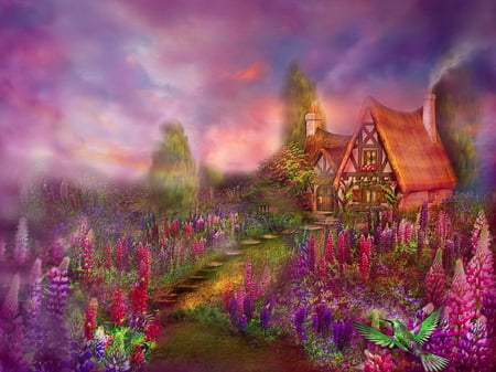 Beautiful cottage - nature, cottage, sky, purple, tale, clouds, colorful, flowers