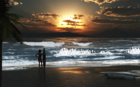 DREAM BEACH - clouds, sunset, beach, waves, ocean, sky, surfer