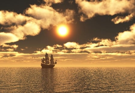 GOLDEN VOYAGE - voyage, clouds, ship, golden, ocean, sun, sky