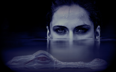 Both are silent and keep a close eye on each other - abstract, fantasy, woman, girl, dream, crocodile