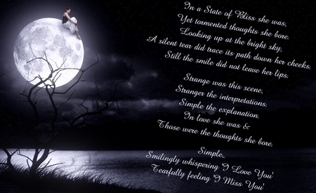 WHISPERS IN THE NIGHT - moon, female, water, night, stars, tree, whispering, poem, words, sky