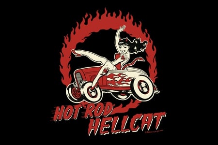 Hot Rod Hellcat - hotrod, legs, pinup, hot, girl, rod, black, drawing, red, painting, flames, hellcat, art, heels