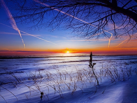 Sunset - evening, sun, snow, winter, field, dusk