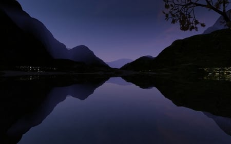 LAKE AT DUSK - sky, lake, reflection, mountains, dusk, lights