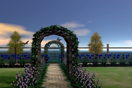 MY SECRET PLACE - sky, trees, gate, clouds, flowers, grass, archway, butterflies