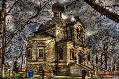 Church in Neamt, Romania - sky, trees, church, limbs