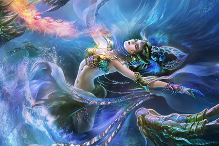 Dancing with a dragons - woman, magical, fantasy, cg, abstract, beautiful, 3d, blue, dragon, dancing