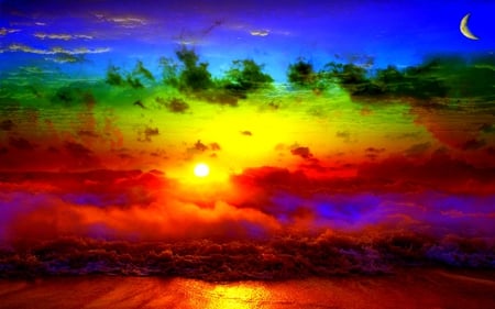 COLORFUL SUNSET - clouds, moon, sunset, foam, beach, wave, sun, sky