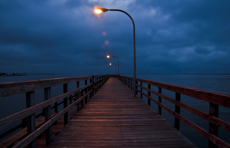 Morning is coming.. - loneliness, sky, landscape, background, photography, water, image, shore, wood, picture, abstract, clouds, blue, beautiful, bridge, lights