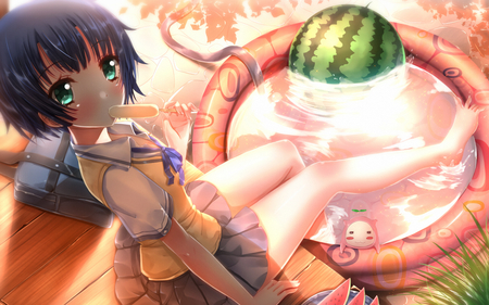 anime girl - anime, blue, girl, seifuku, hair, natsu, de, ano, cute, barefoot, matteru