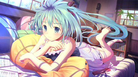 hatsune miku - bed, sexy, chart, girl, hair, music, hatsune, vocaloid, blue, anime, miku, cute, dress