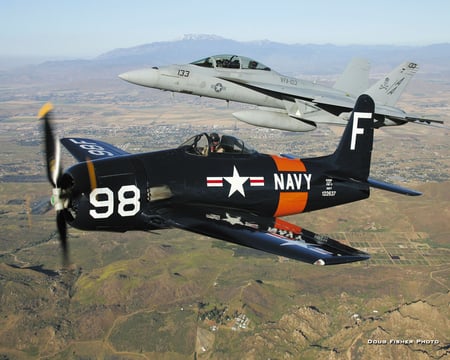 Grumman F8F Bearcat and F/A-18 Super Hornet - superhornet, jet, navy, bearcat, fighter, super, f8f, grumman, boeing, war, hornet, us