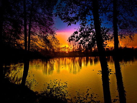 Small golden lake - red, purple, sundown, lake, sky, reflection, clouds, trees, sunset, nature, sunrise