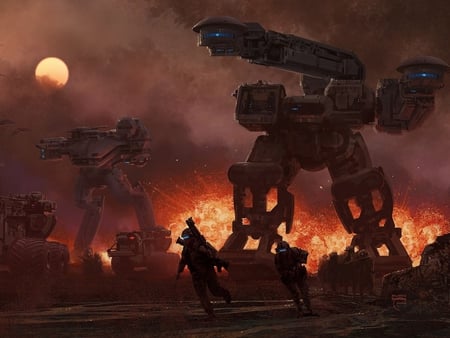 mechs at war - robots, fire, smoke, soldier, sun