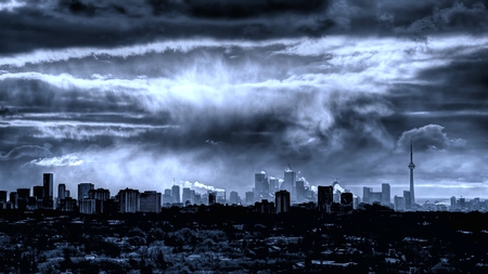 The Big Smoke - clouds, skyline, cool, cityscape, dark, cold, smoke, black and white, eerie, sky