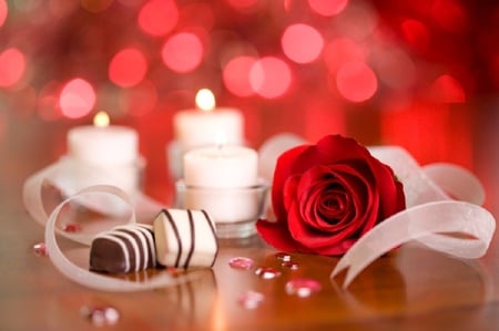 Romance - valentine day, red rose, romantic, beautiful, photography, candle, chocolate, romance, love, flower, valentine, rose, ribbon