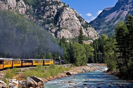 Durango and Silverton Railroad - train, trees, mountain, river