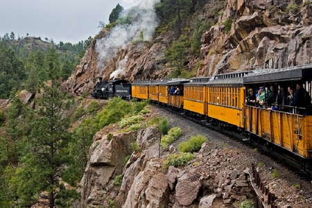 Durango and Silverton - train, tree, mountain, tracks