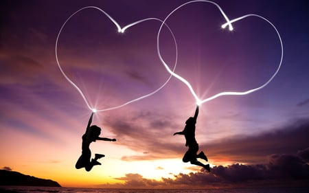 Love - love, sky, boyfriend, girl, heart, sun, sunset, quote, girlfriend, silhouettes, hearts, romantic, clouds, together, photo, guy