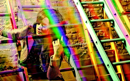 Colorful - woman, ladder, rainbow, lady, colorful, jacket, paint, gorgeous, pretty