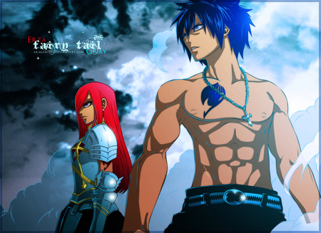 Erza & Gray - anime, long hair, erza scarlet, armor, red hair, blue hair, spiky hair, blue eyes, clouds, shirtless, fairy tail, armour, red eyes, duo, gray fullbuster, erza, necklace, gray