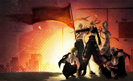 Sengoku Basara - motochika chosokabe, sanada yukimura, jacket, banner, video games, sarutobi sasuke, sunset, trench coat, anime, alternate clothing, games, spiky hair, kasuga, group, sengoku basara, mouri motonari, flag