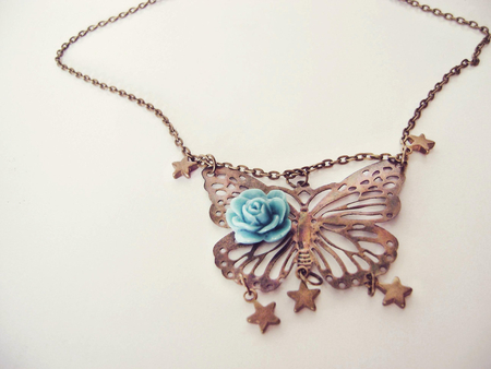 ~ღ For dreamy girls ღ~ - blue rose, fashion, entertainment, stars, imagination, precious, fly, dreamy girls, forever, beautiful, present, love, wonderful, necklace, wings, butterfly, jewelry, gift