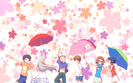 fallen flowers - pink, anohana, jinta, umbrella, anjou, flower, hana