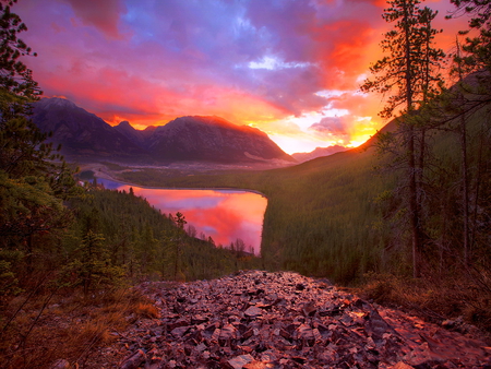 Sunrise over Alberta - alberta, lake, sky, mountain, trees, water, nature, america, river, beautiful, clouds, canada, stones, sunrise